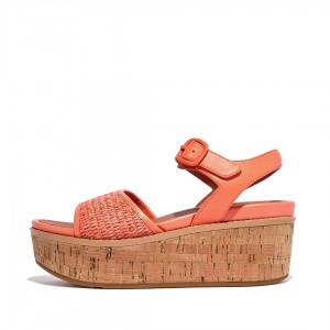 Fitflop Eloise Faux Raffia Back Strap Women's Wedge Sandals Orange | IE-ARFJ-74265