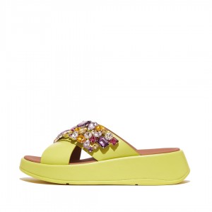 Fitflop F-Mode Leather Women's Slides Yellow | IE-VTIQ-68432