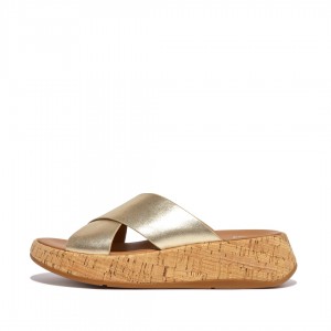 Fitflop F-Mode Metallic Cross Slides Women's Slides Gold | IE-RGKW-59718