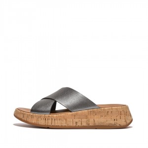 Fitflop F-Mode Metallic Cross Slides Women's Slides Silver | IE-PKZS-43709