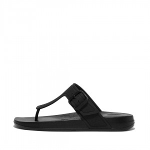 Fitflop Iqushion Adjustable Buckle Women's Flip Flops Black | IE-LOHU-37418