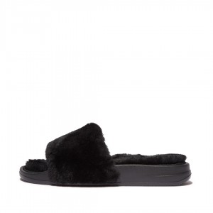 Fitflop Iqushion Shearling Slides Women's Slides Black | IE-PQJV-65049