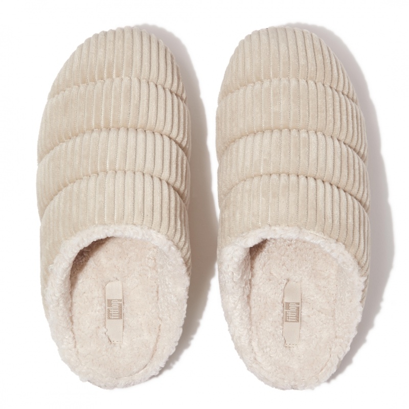 Fitflop Chrissie Corduroy Polyester Women's Slippers White | IE-OFRK-97342