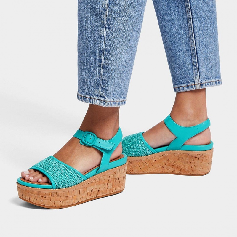 Fitflop Eloise Faux Raffia Back Strap Women's Wedge Sandals Blue | IE-VOTI-39705