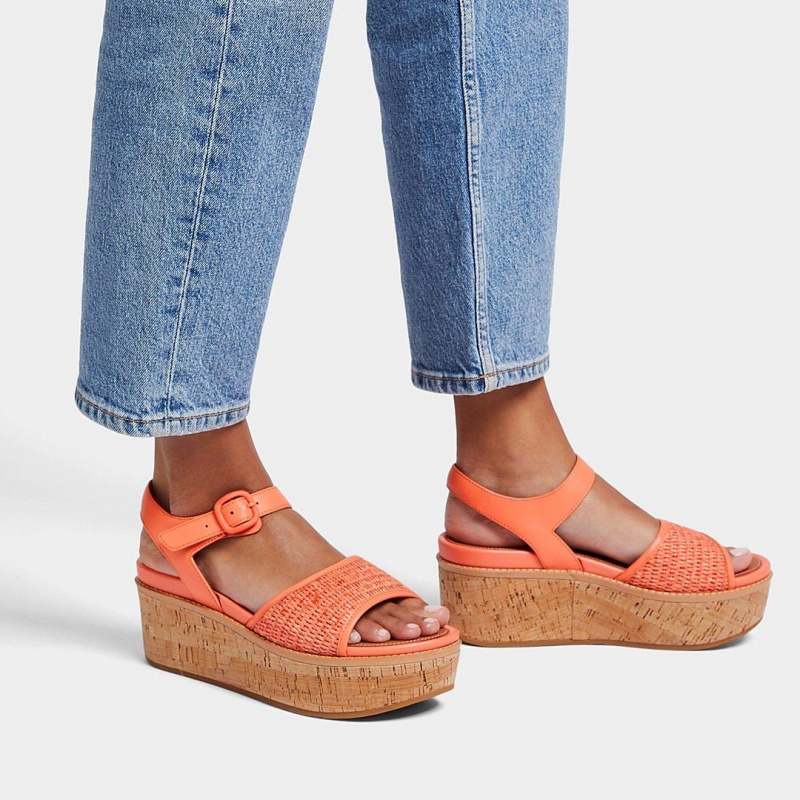 Fitflop Eloise Faux Raffia Back Strap Women's Wedge Sandals Orange | IE-ARFJ-74265