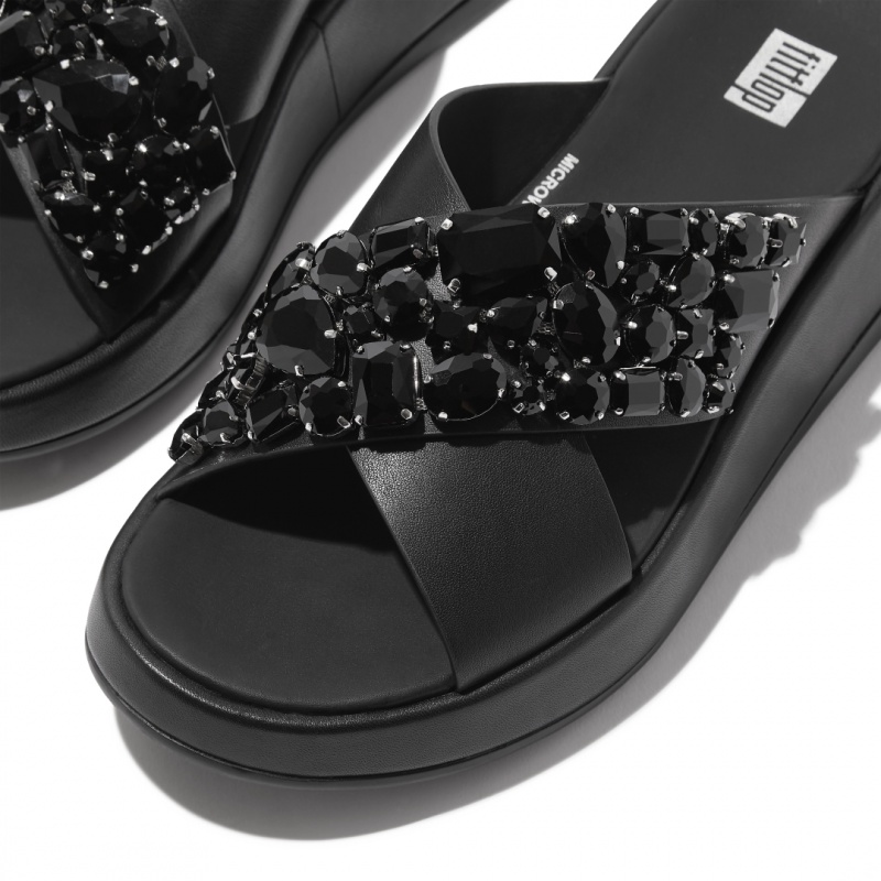 Fitflop F-Mode Leather Women's Slides Black | IE-IGDN-90124