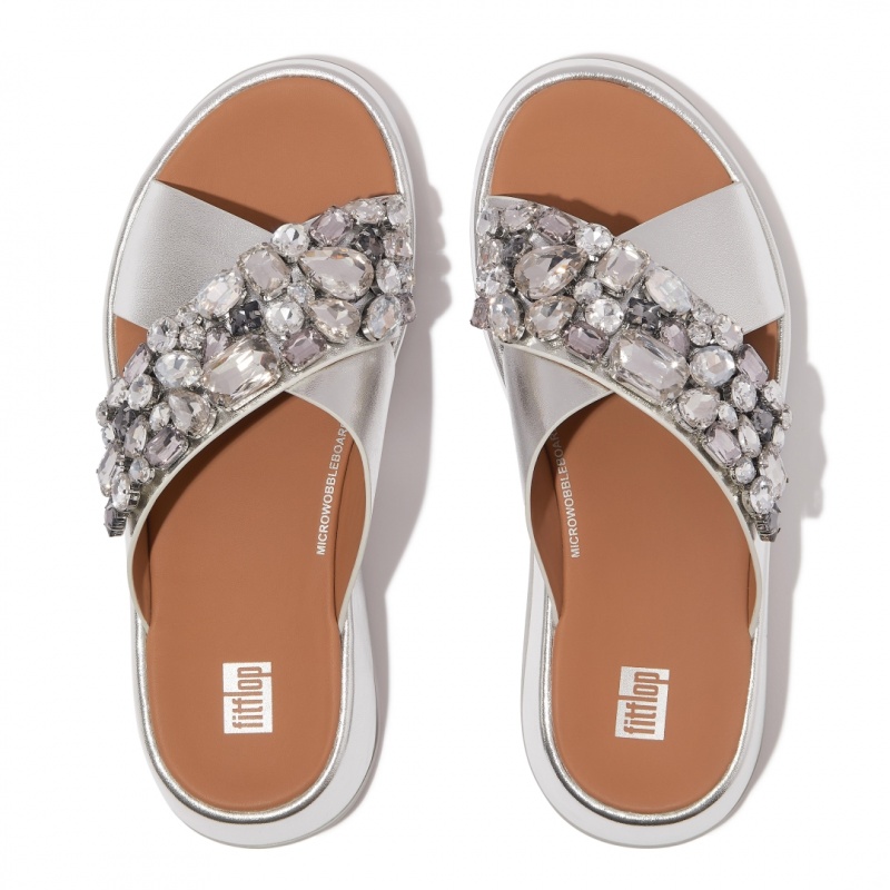 Fitflop F-Mode Leather Women's Slides Silver | IE-LBVU-19286