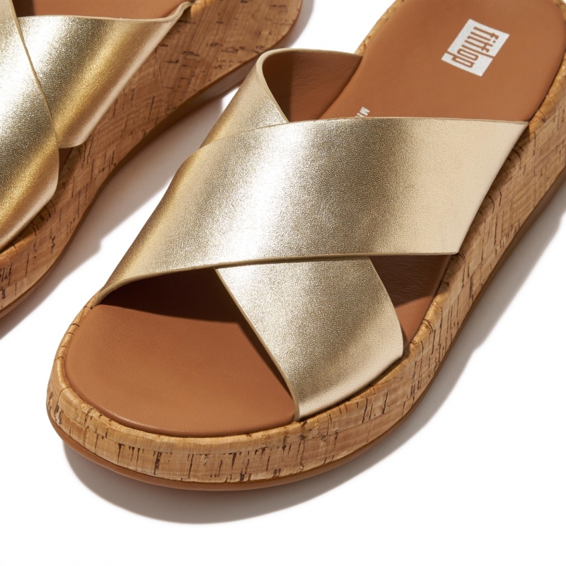 Fitflop F-Mode Metallic Cross Slides Women's Slides Gold | IE-JBGL-02548