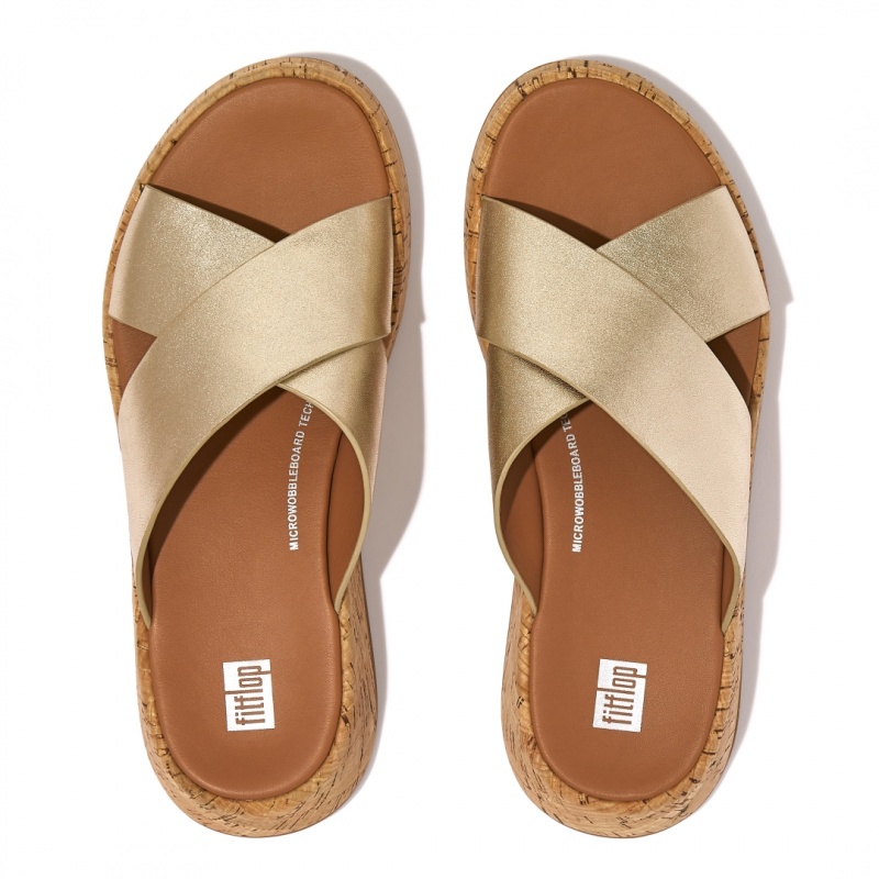 Fitflop F-Mode Metallic Cross Slides Women's Slides Gold | IE-JBGL-02548