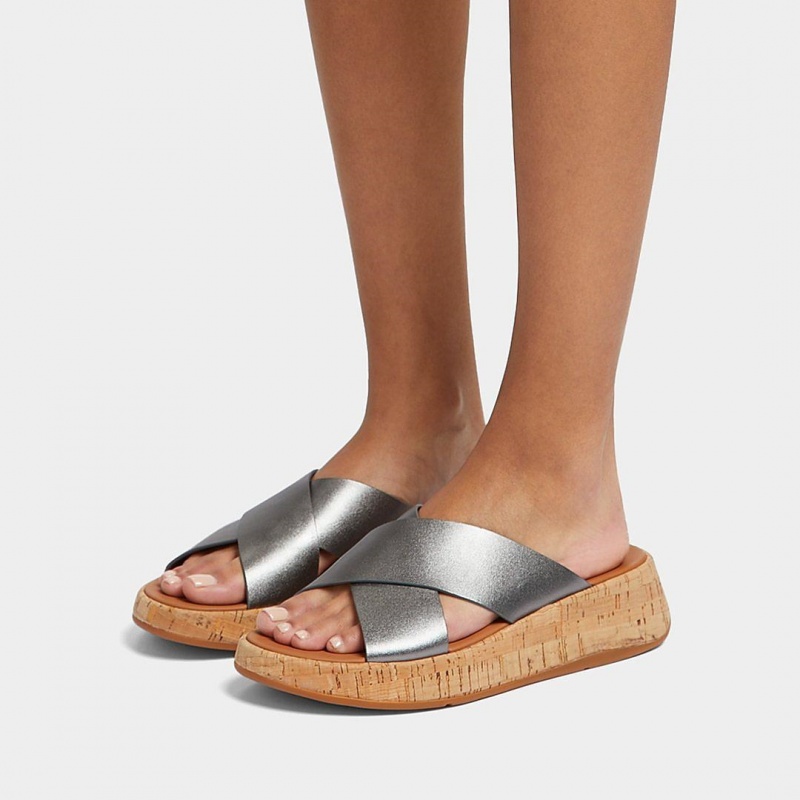 Fitflop F-Mode Metallic Cross Slides Women's Slides Silver | IE-PKZS-43709