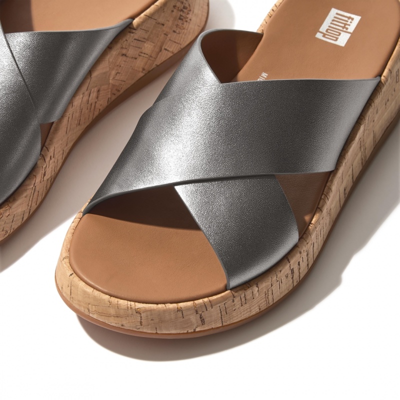 Fitflop F-Mode Metallic Cross Slides Women's Slides Silver | IE-PKZS-43709