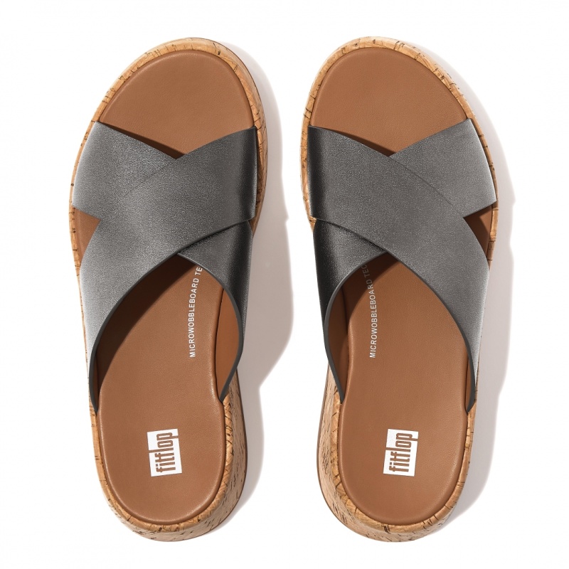 Fitflop F-Mode Metallic Cross Slides Women's Slides Silver | IE-PKZS-43709