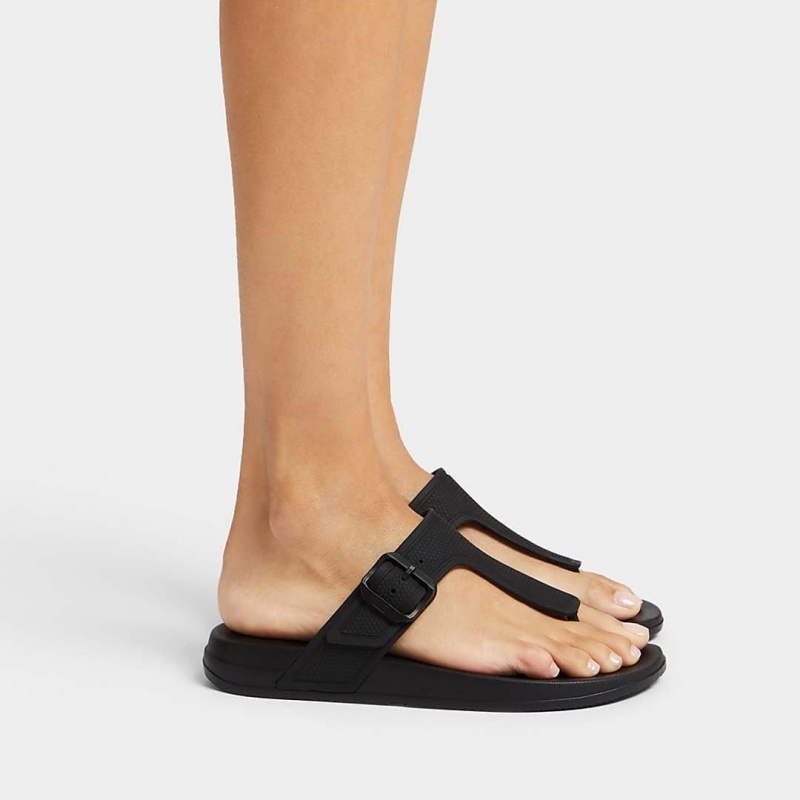 Fitflop Iqushion Adjustable Buckle Women's Flip Flops Black | IE-LOHU-37418