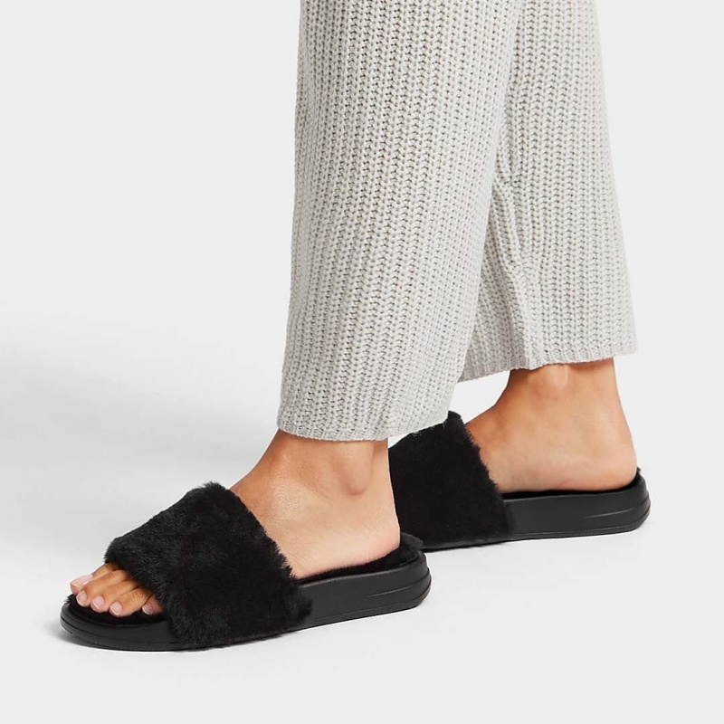 Fitflop Iqushion Shearling Slides Women's Slides Black | IE-PQJV-65049