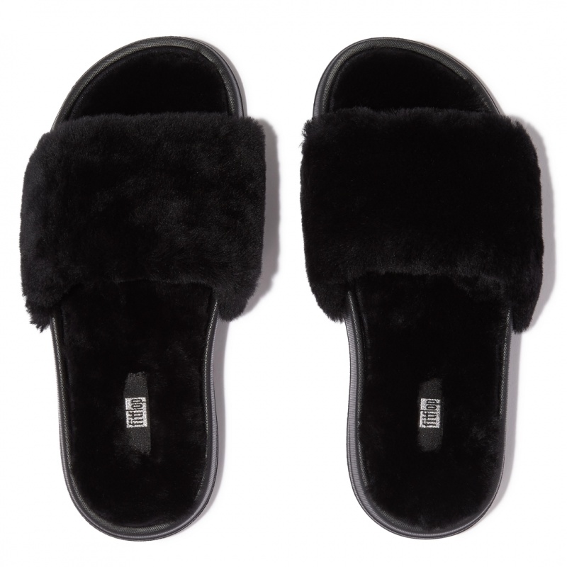 Fitflop Iqushion Shearling Slides Women's Slides Black | IE-PQJV-65049