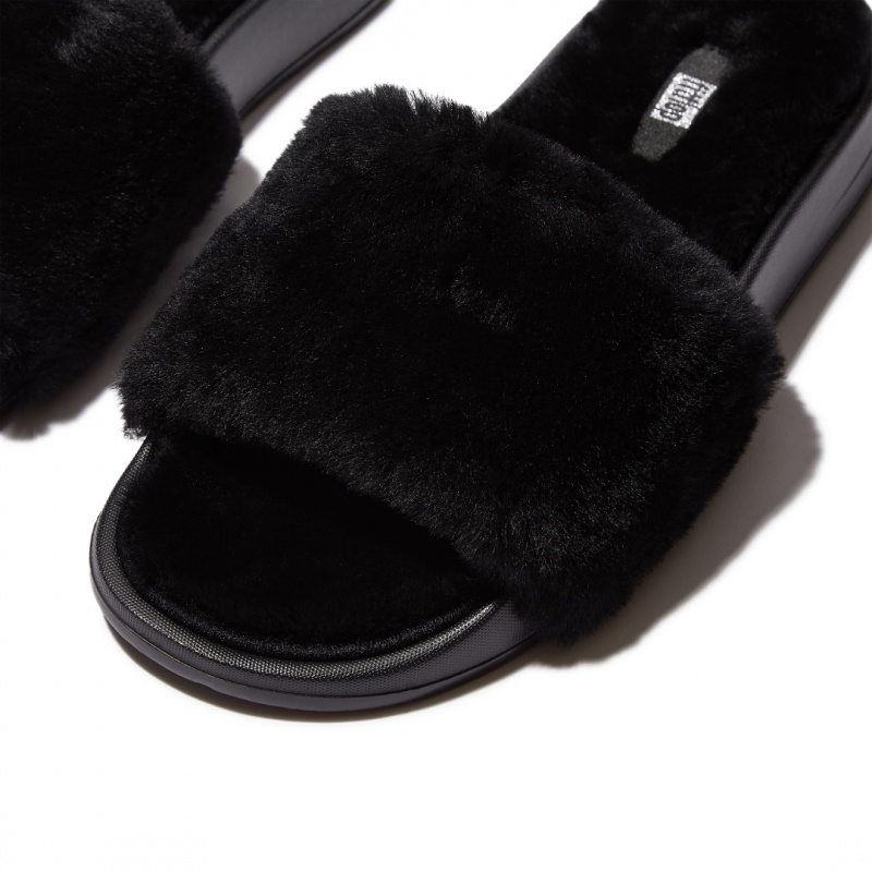 Fitflop Iqushion Shearling Slides Women's Slides Black | IE-PQJV-65049