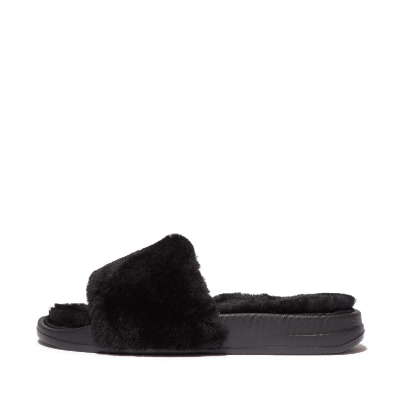 Fitflop Iqushion Shearling Slides Women\'s Slides Black | IE-PQJV-65049