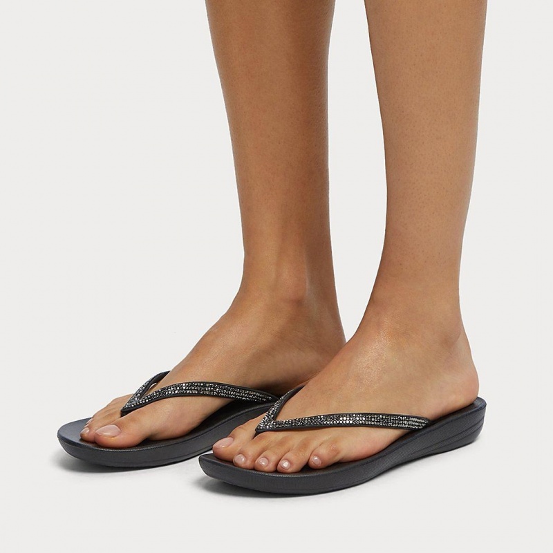 Fitflop Iqushion Sparkle Women's Flip Flops Black | IE-BQWE-28091