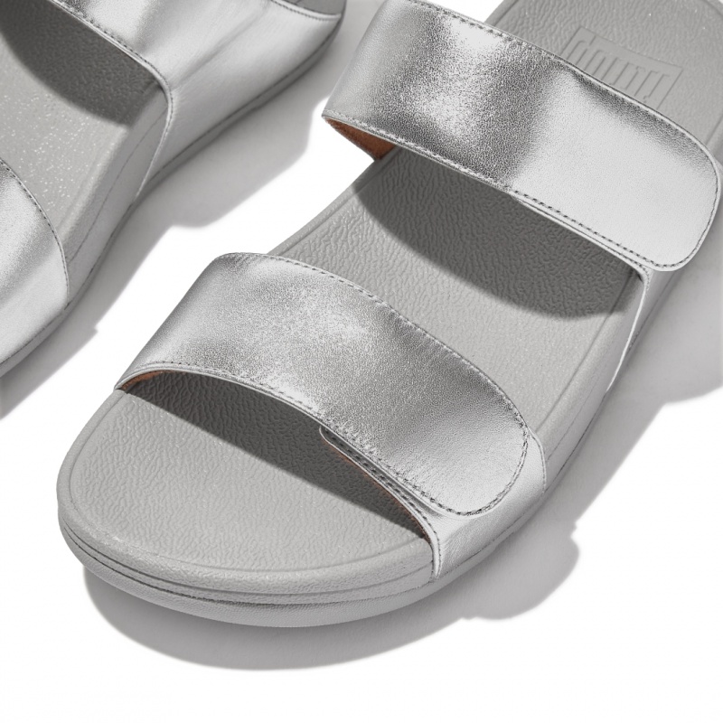 Fitflop Lulu Adjustable Metallic Leather Women's Slides Silver | IE-RAQP-79854