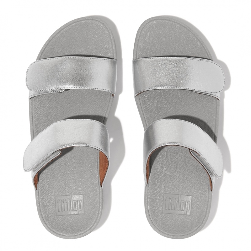 Fitflop Lulu Adjustable Metallic Leather Women's Slides Silver | IE-RAQP-79854