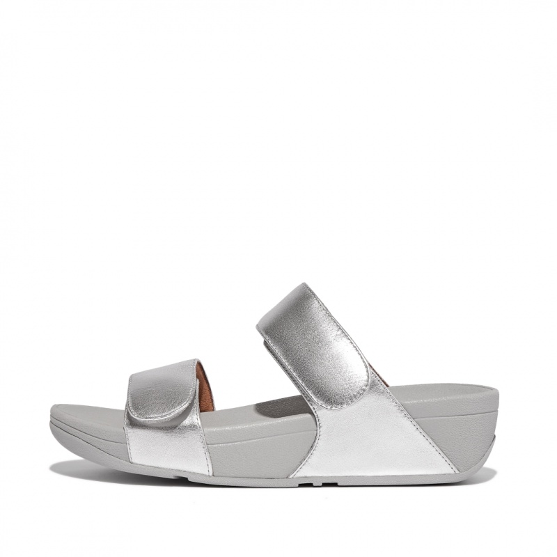 Fitflop Lulu Adjustable Metallic Leather Women\'s Slides Silver | IE-RAQP-79854