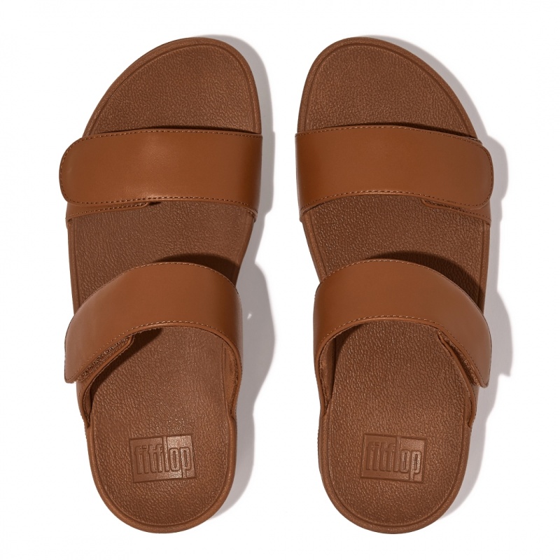 Fitflop Lulu Adjustable Metallic Leather Women's Slides Brown | IE-DVPL-45306